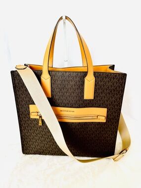 Michael Kors Brown Tote with Yellow Trim and Cream Strap